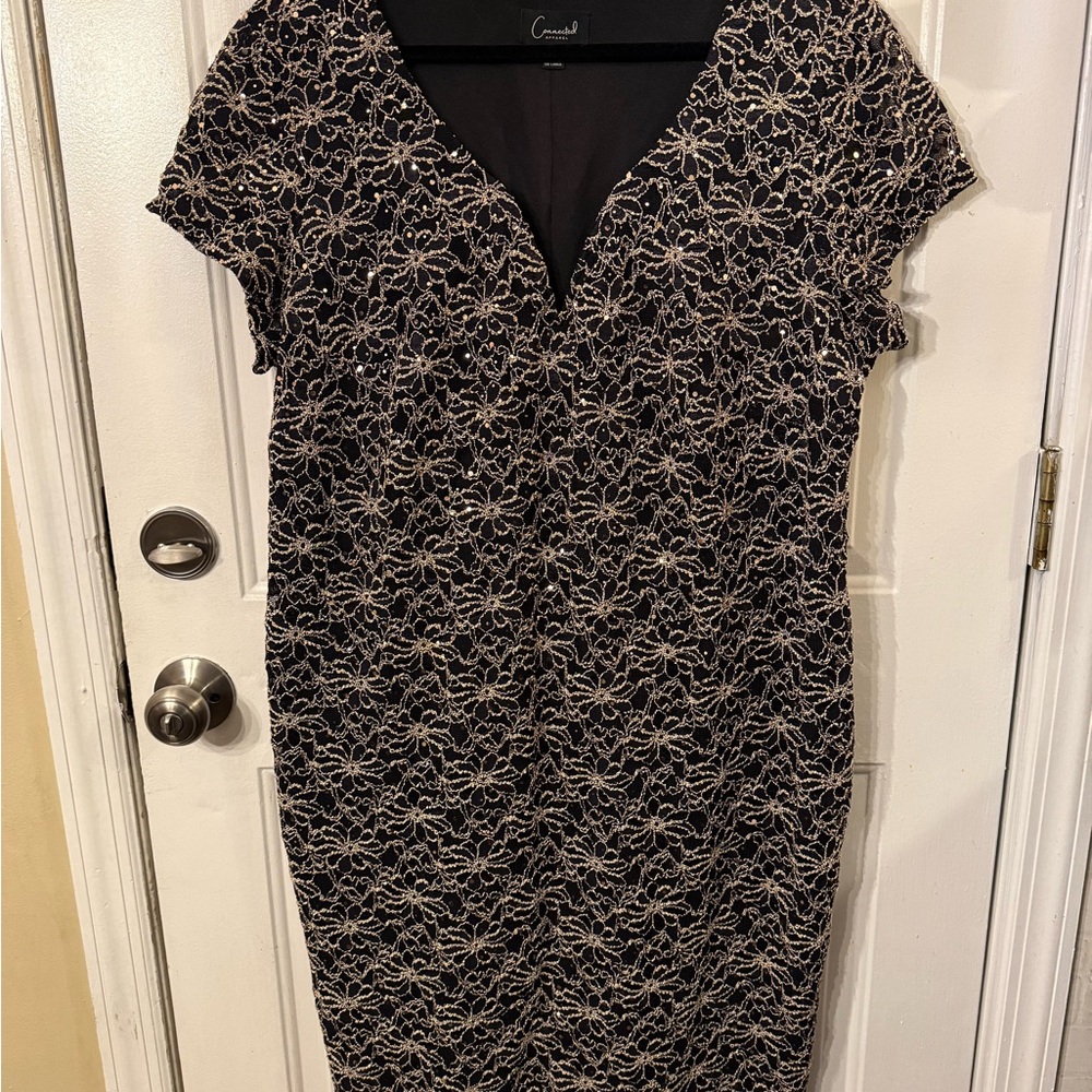 Connected Apparel Black and Gold Lace Midi Dress